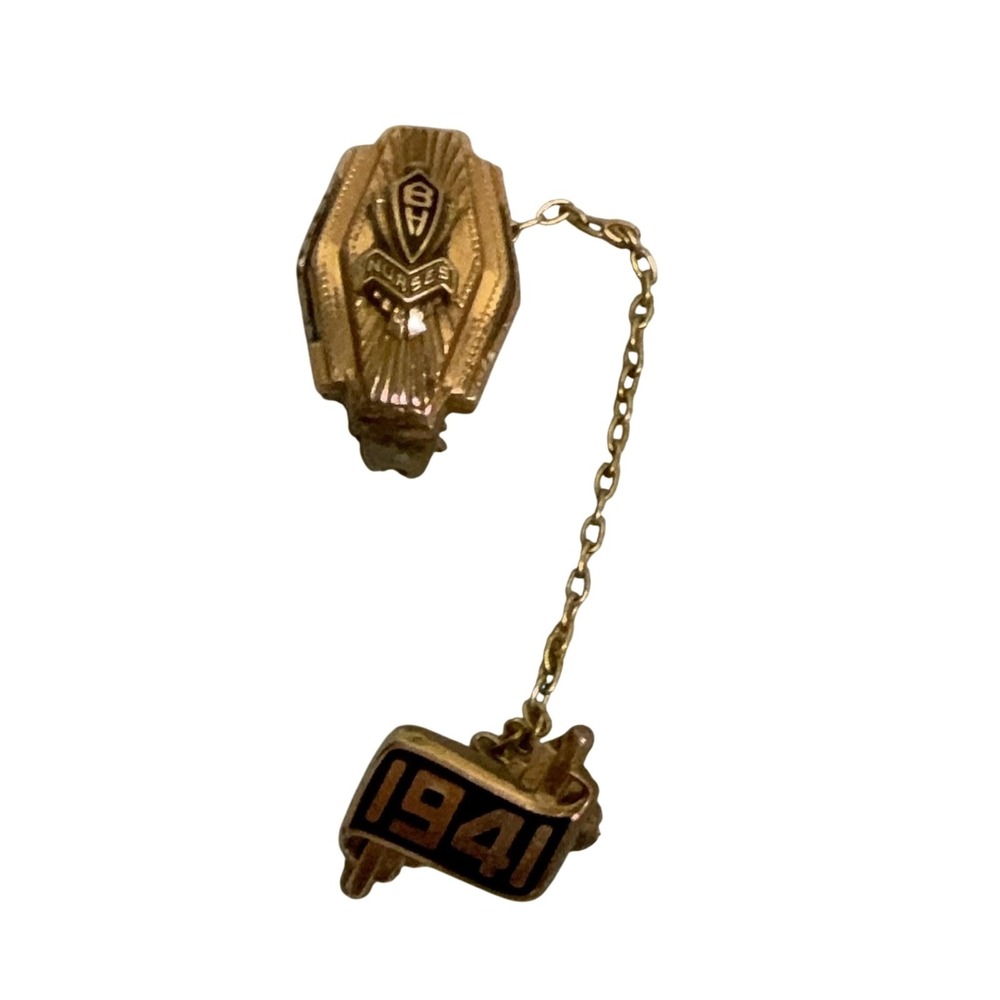 Vintage 1941 BH Nurses LGB Service Pin Badge Gold Tone Black Enamel Chain